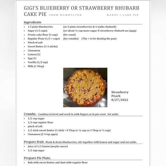 Other - Gigi's Blueberry Cake Pie - Priceless!
